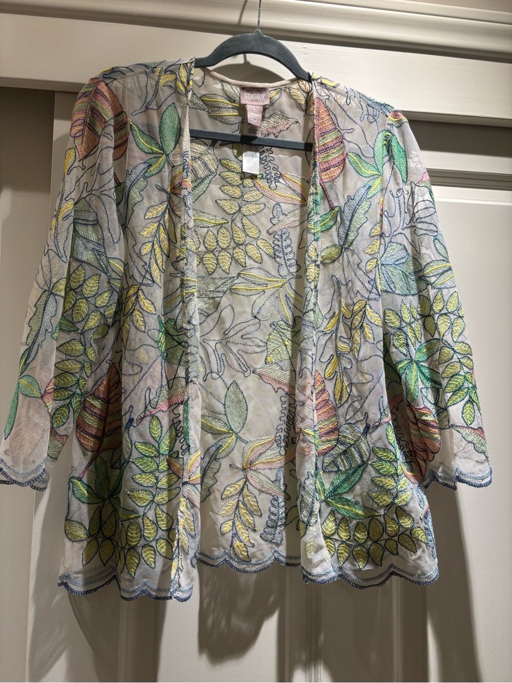Chico's Sheer Embroidered Floral Cardigan - Pink, Yellow, Blue